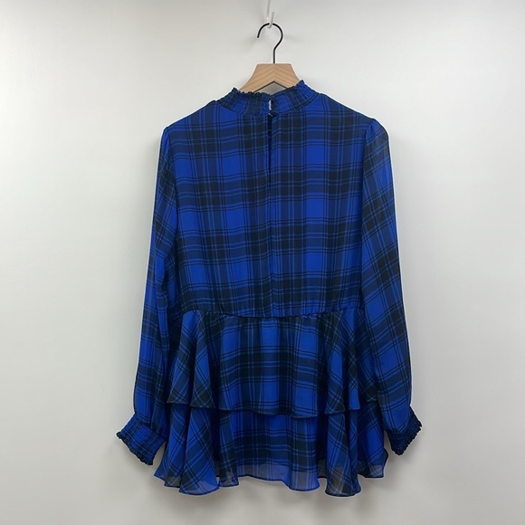 Torrid Tartan Plaid Crinkle Chiffon Smock Neck Ruffle Tiered Blouse Blue 1X - Picture 8 of 12